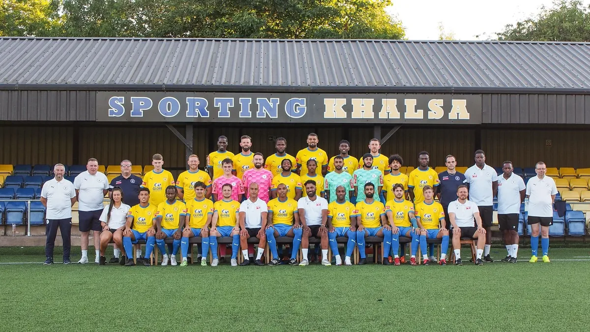 Sporting Khalsa FC squad and backroom staff lined up for the season team photograph