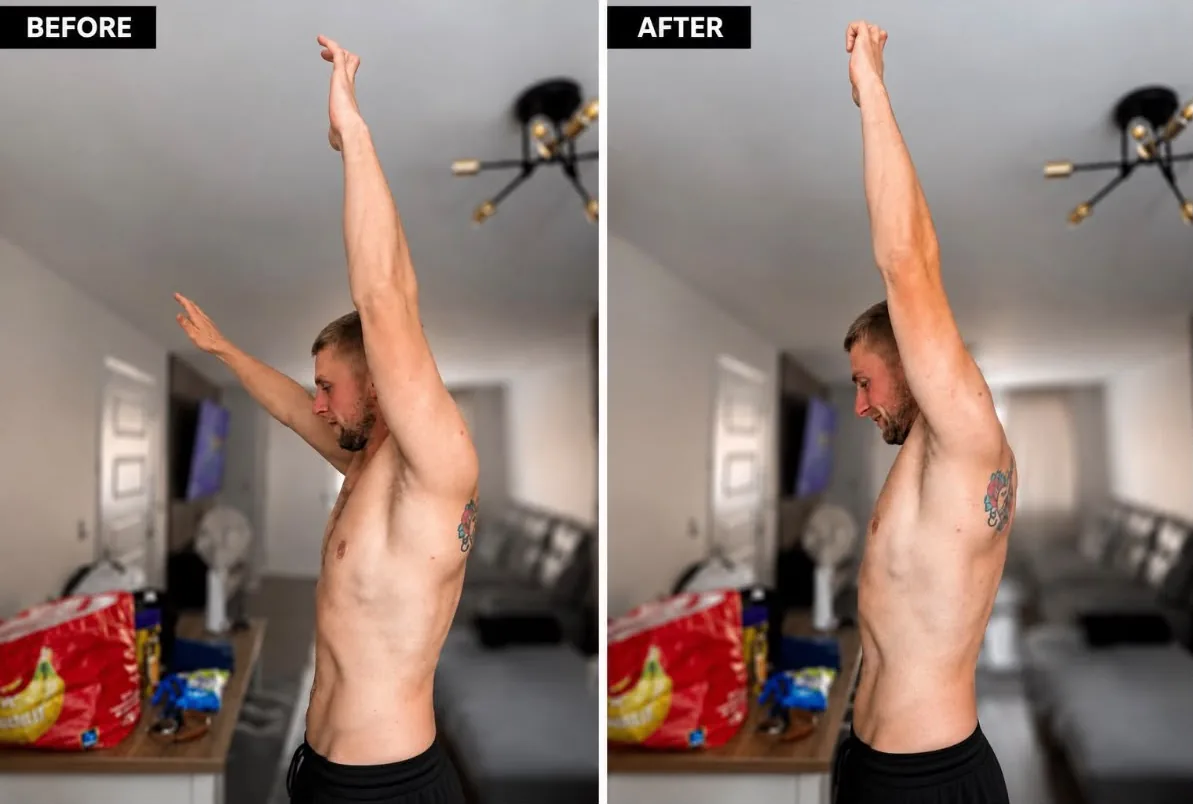 Side-by-side comparison of a client's overhead shoulder reach before and after treatment