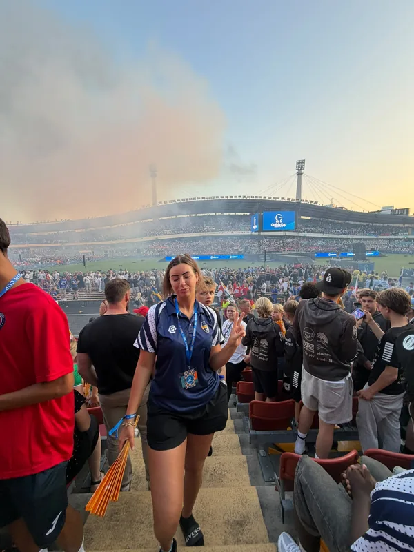 Mia on the stadium steps during the Gothia Cup opening ceremony in Gothenburg